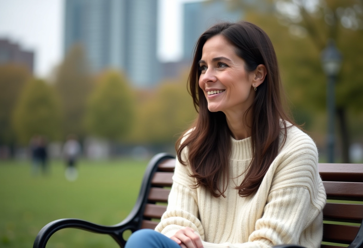 Femme en sweater crème en pleine conversation