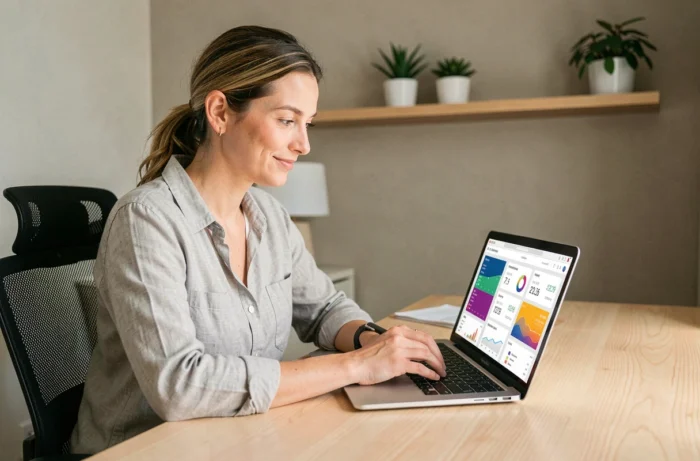 Femme entrepreneur travaillant sur son business en ligne depuis un bureau minimaliste à domicile