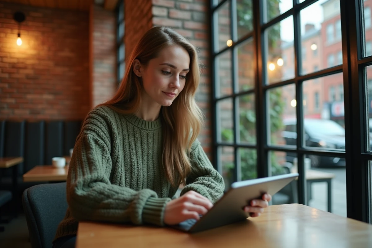 Jeune femme surveillant des graphiques financiers sur tablette