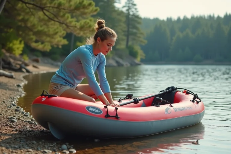 Jeune femme gonflant un kayak gonflable Sevylor Tahiti Plus rouge sur une plage de galets au bord d'un lac entouré de pins