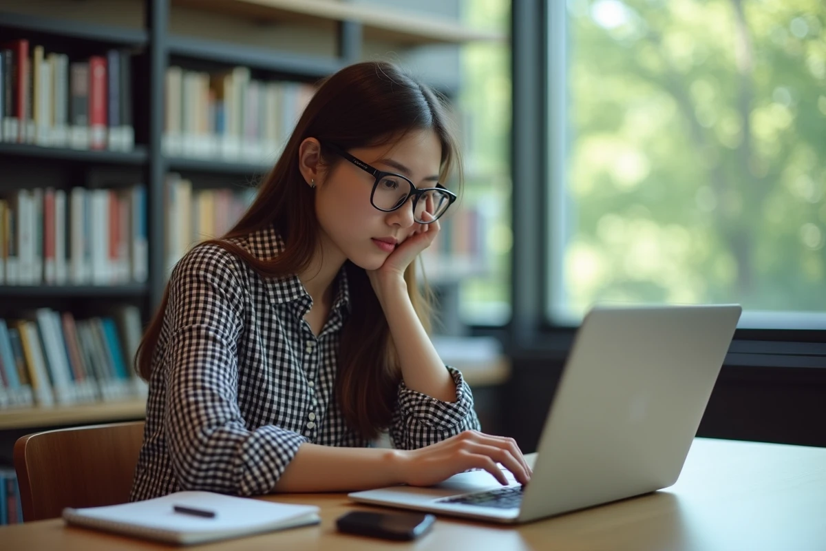 Jeune femme lisant des serveurs eMule à la bibliothèque