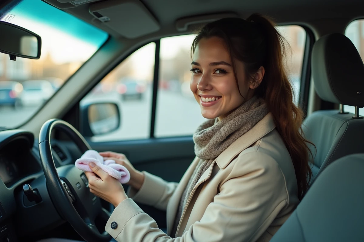 Jeune femme nettoyant le tableau de bord d