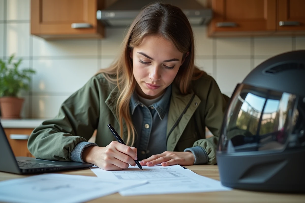 Jeune femme remplissant des papiers dans une cuisine lumineuse