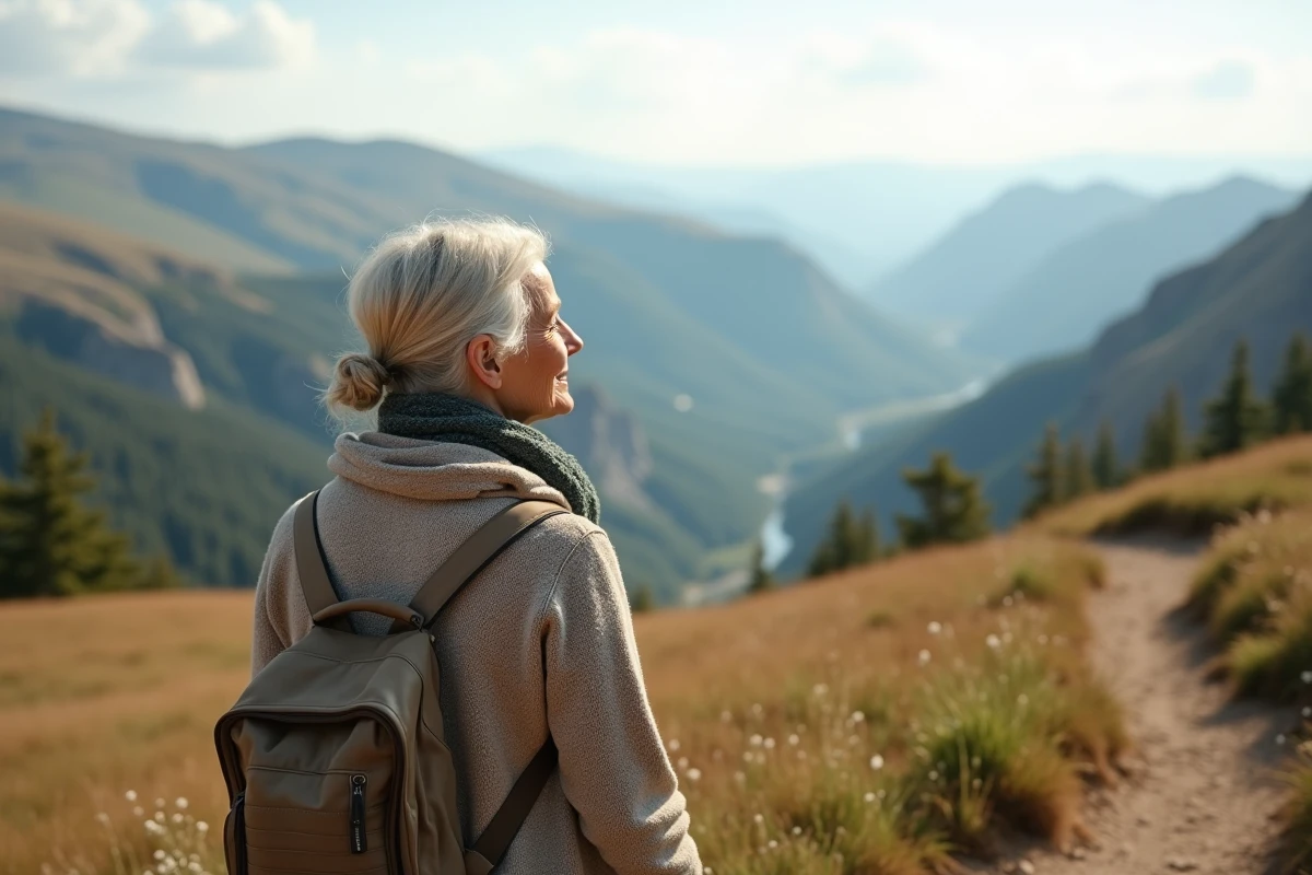 Femme âgée contemplant la vallée lors d