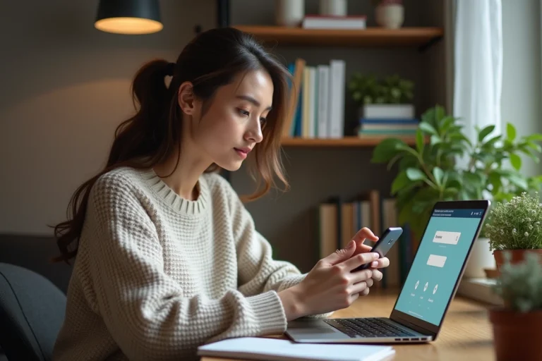 Femme concentrée sur son smartphone dans un appartement cosy