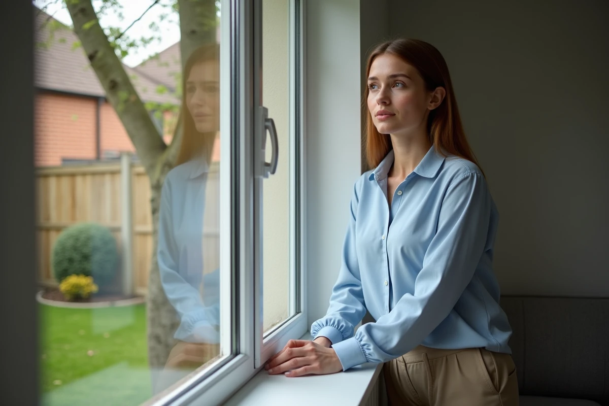 Femme regardant par la fenêtre vers un arbre dans le jardin