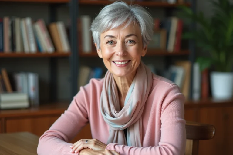 Femme de 50 ans souriante en cashmere rose