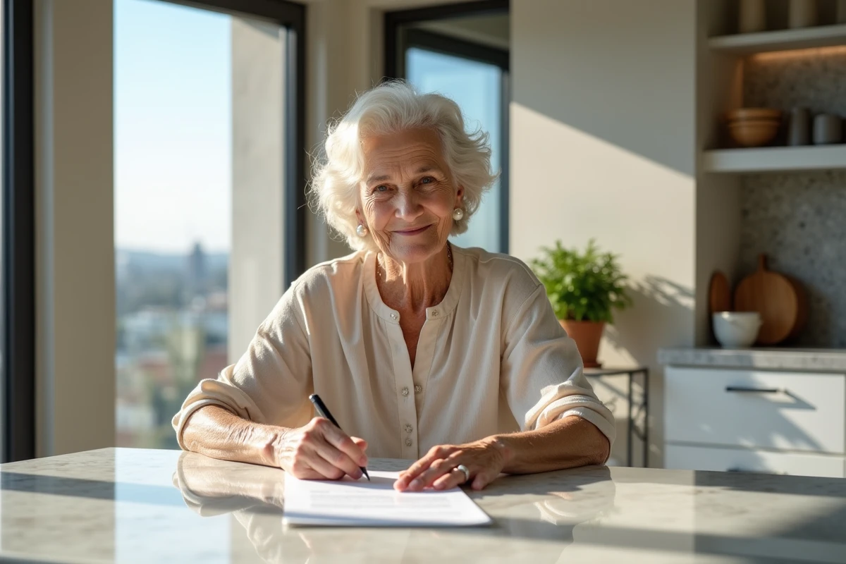 Femme âgée signant un document dans une cuisine moderne en ville