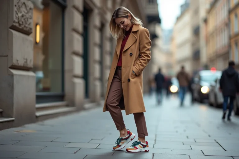 Femme élégante en ville regardant ses sneakers tendance