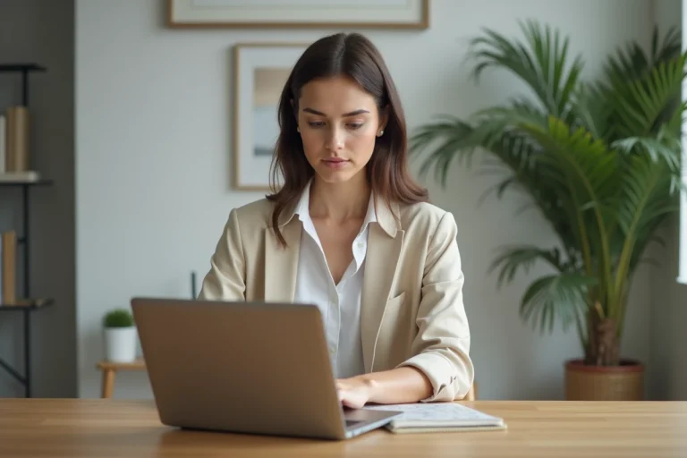 Jeune femme professionnelle travaillant sur son ordinateur dans un bureau moderne