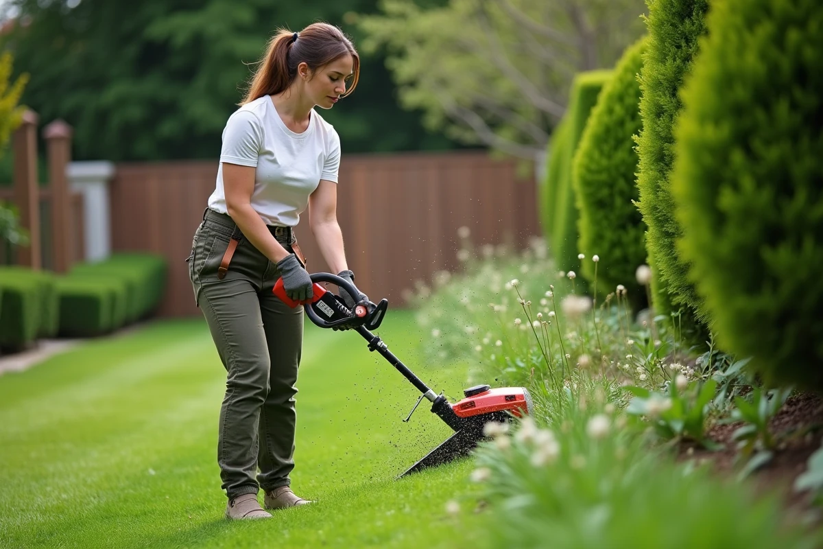 Femme utilisant un coupe-branches dans un jardin ensoleille