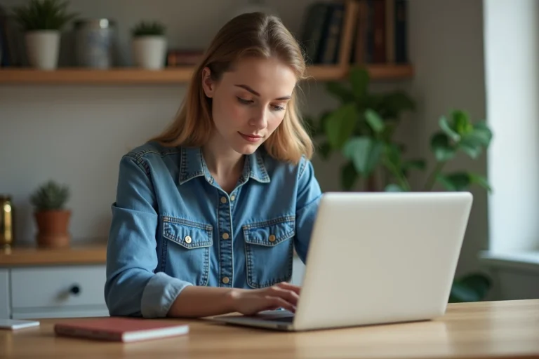 Jeune femme travaillant sur son ordinateur portable à la maison