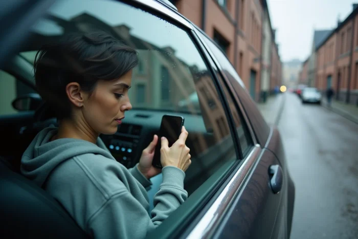 Femme lisant la réglementation sur son téléphone dans une voiture garée en ville en Belgique