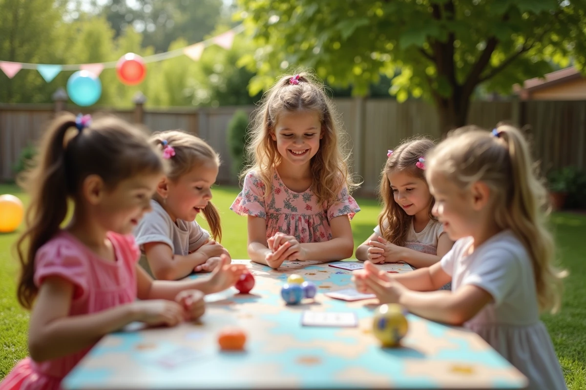 Enfants jouant à un jeu avec dés dans un jardin ensoleille