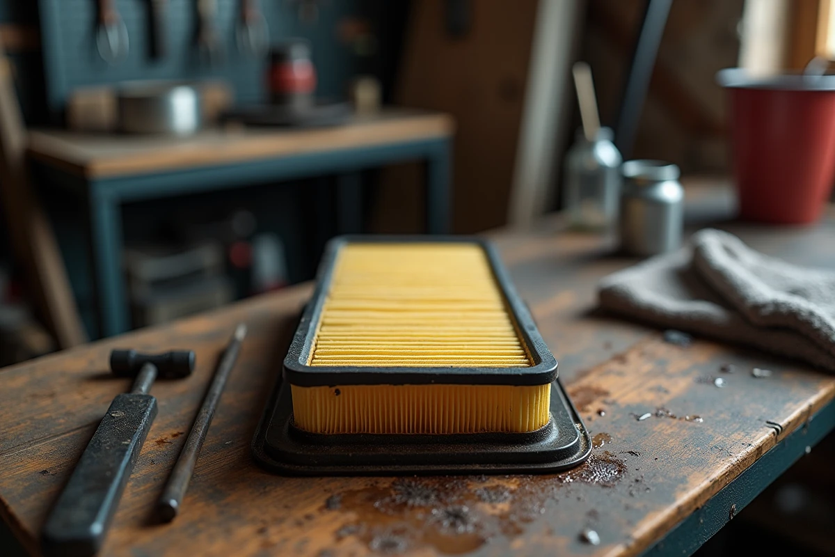 Filtre à air sale et outils sur un établi de garage