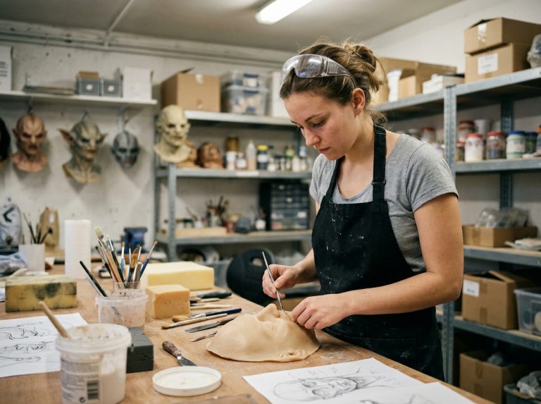 Étudiante en effets spéciaux sculptant une prothèse en silicone dans un atelier de formation professionnel en France