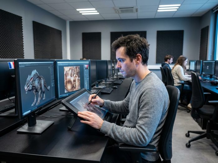 Étudiant en effets visuels numériques travaillant sur des textures CGI dans un laboratoire informatique d'école de cinéma française
