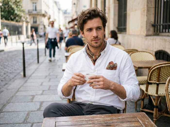 Homme portant un foulard en soie noué autour du col sur une tenue simple en terrasse de café parisien
