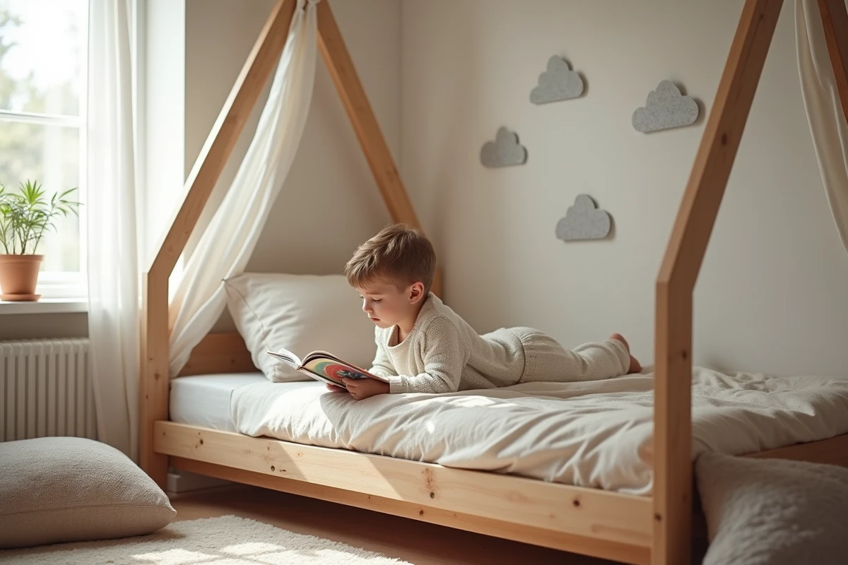 Garçon lisant dans son lit en bois scandinave dans sa chambre