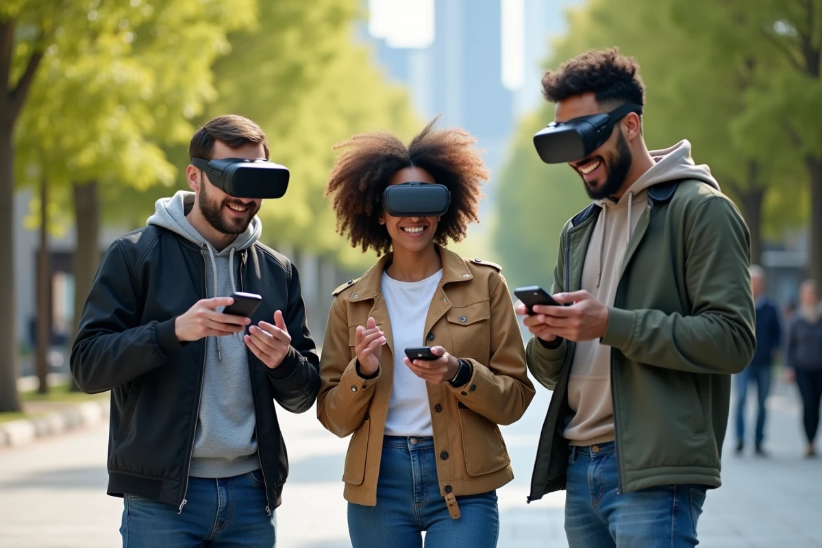 Groupe de jeunes testant des technologies portables en plein air