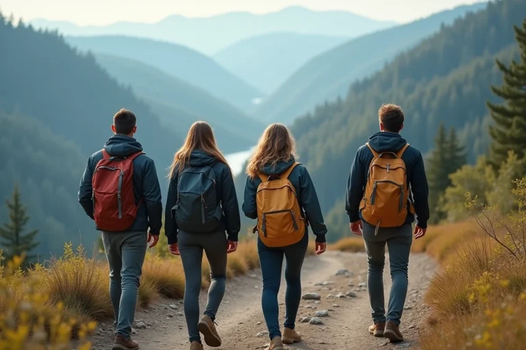 Groupe d amis en randonnée en montagne