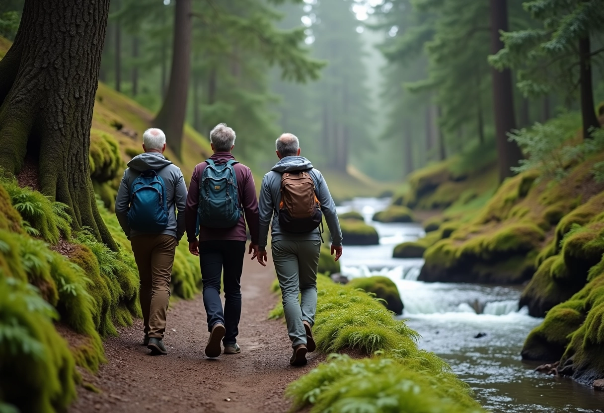 Groupe de randonneurs dans la forêt près d