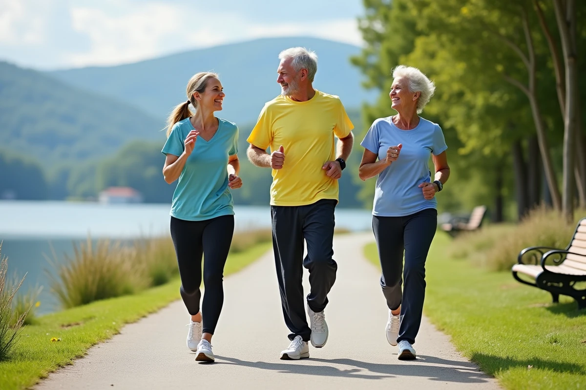 Groupe de seniors marchant au bord du lac en plein air