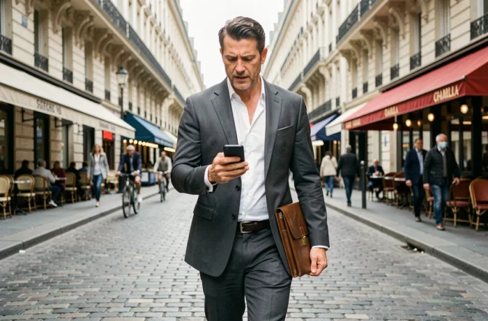 Homme d'affaires parisien dynamique marchant sur un boulevard haussmannien symbolisant les nouvelles tendances économiques de Paris