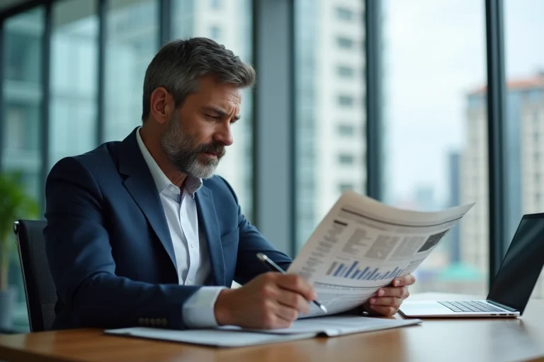 Homme d'affaires en costume bleu dans un bureau moderne