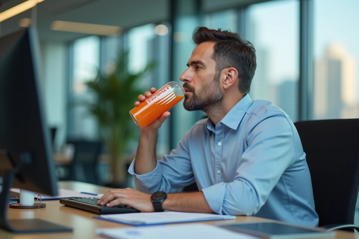 Homme d affaires buvant une boisson sportive au bureau