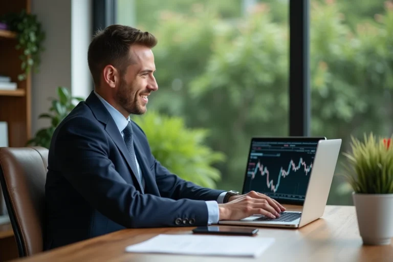 Homme d'affaires souriant étudie un graphique boursier dans son bureau