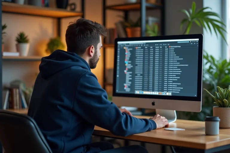 Homme en hoodie regardant un site eMule sur son ordinateur