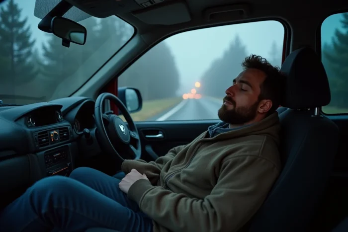 Homme dormant dans sa voiture dans une aire de repos belge, enveloppé dans un sac de couchage