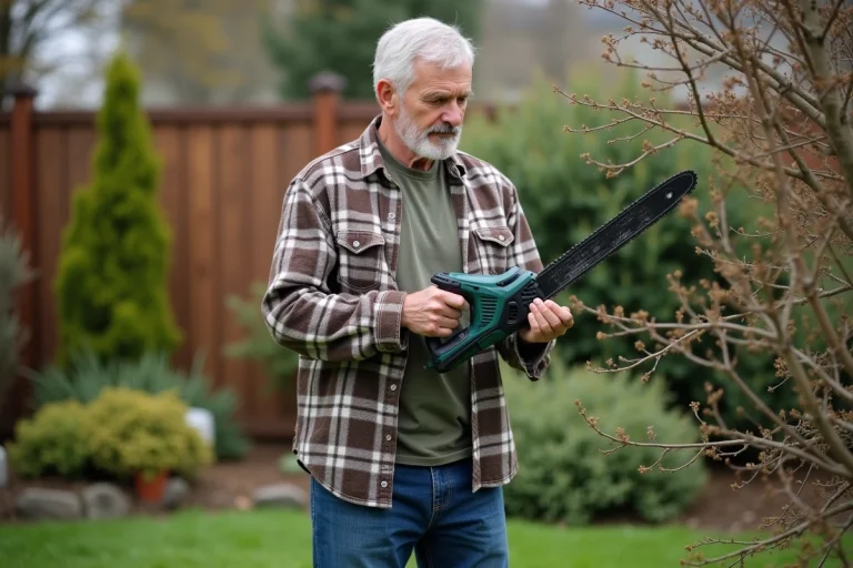 Homme d'âge moyen utilisant une scie électrique dans son jardin