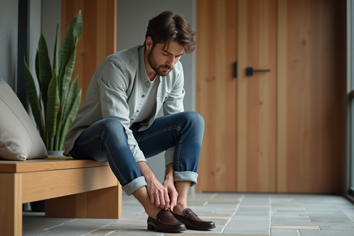 Jeune homme lacent ses chaussures en intérieur