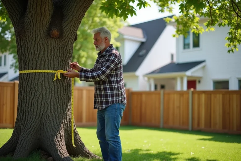 Homme mesurant un arbre dans un jardin avec une règle jaune