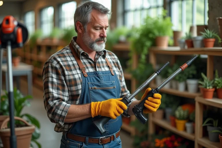Homme comparant deux coupe-branches dans un magasin de jardinage