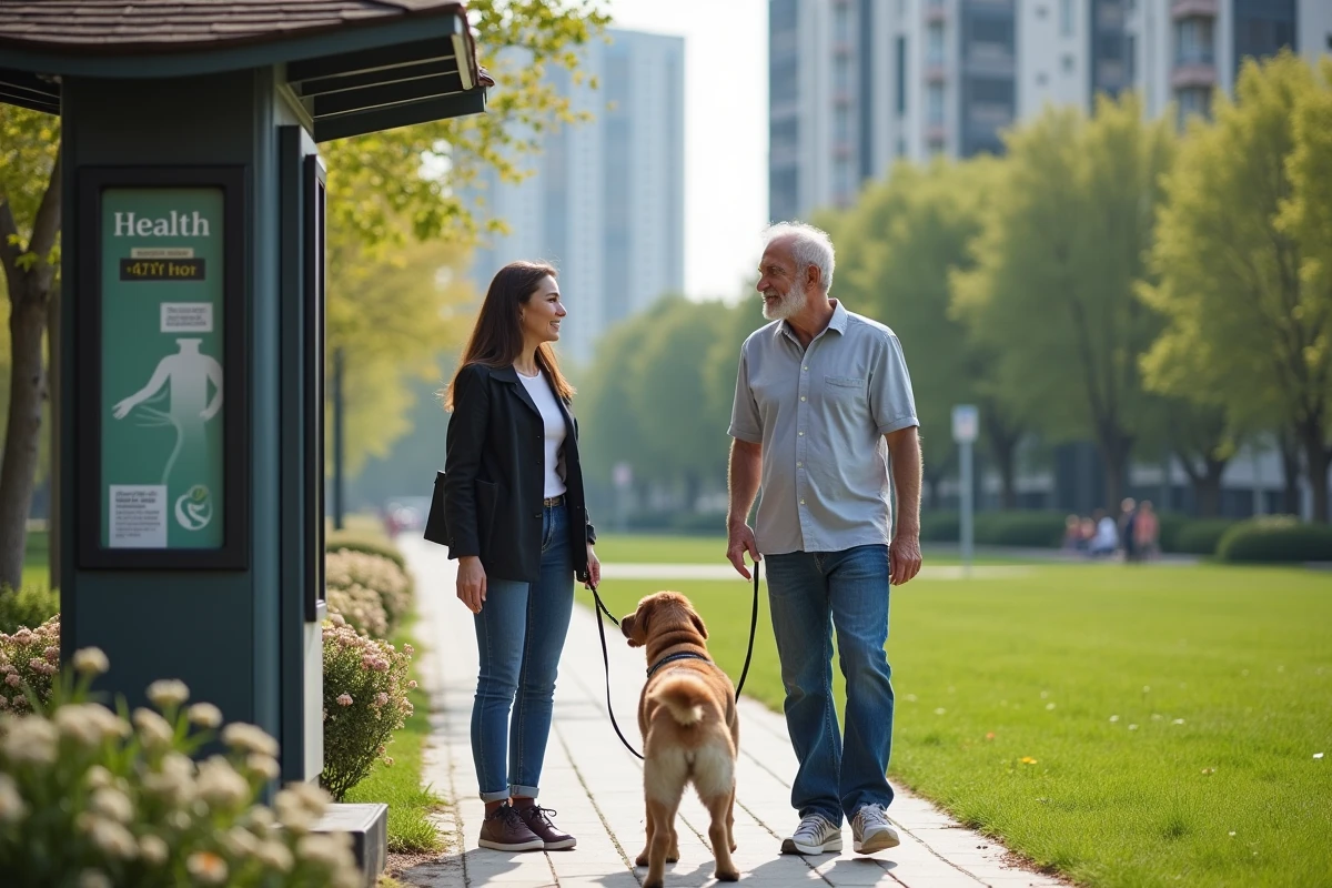 Homme senior marchant avec son chien dans un parc urbain