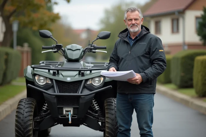 Homme d'âge moyen avec documents près d'un quad MAGA dans un quartier