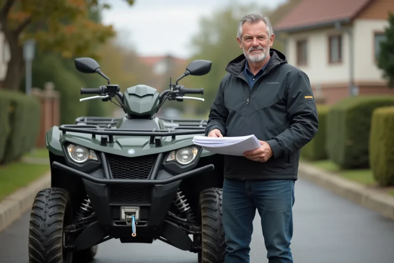 Homme d'âge moyen avec documents près d'un quad MAGA dans un quartier