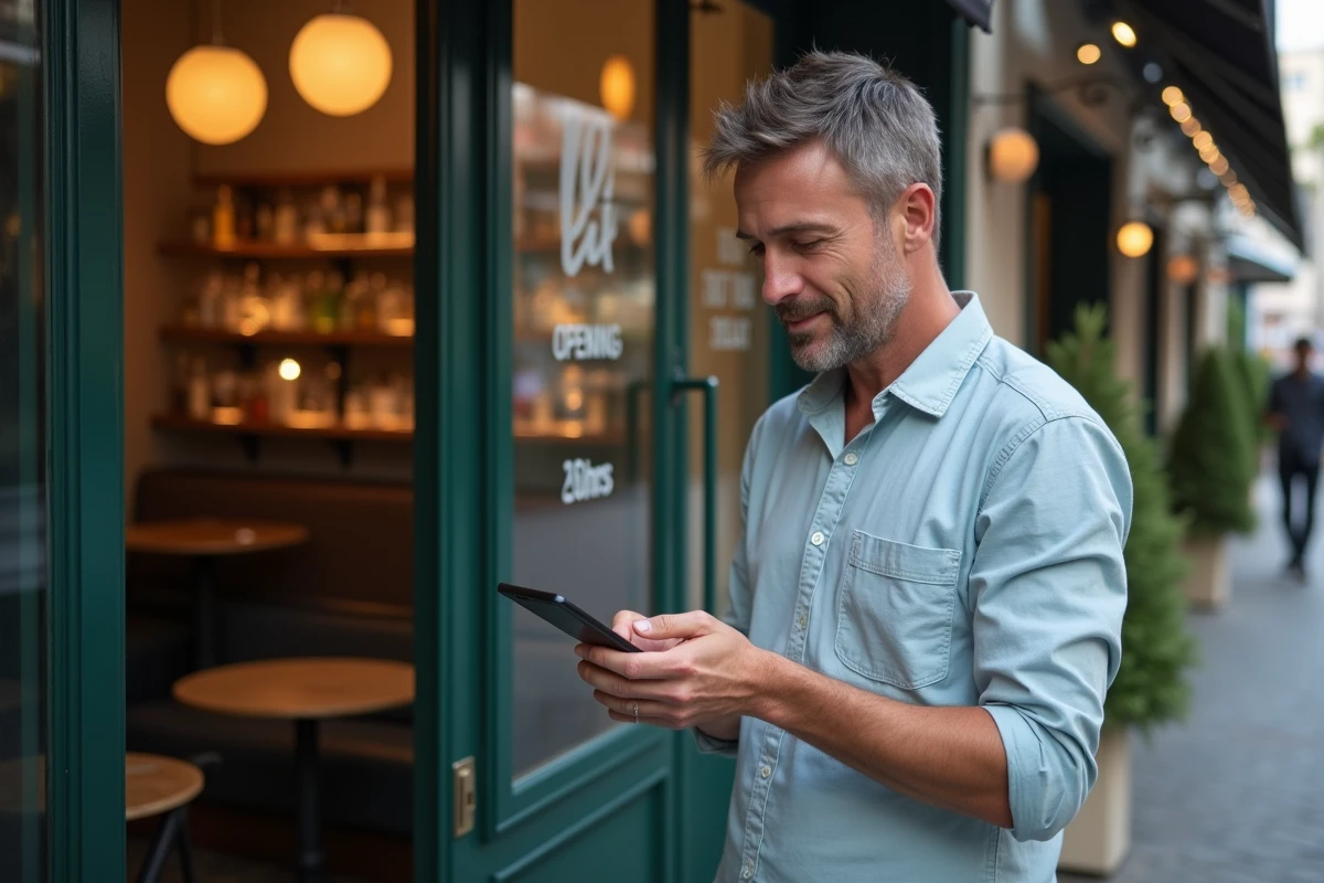 Homme faisant une reservation devant le restaurant Luci à Argenteuil