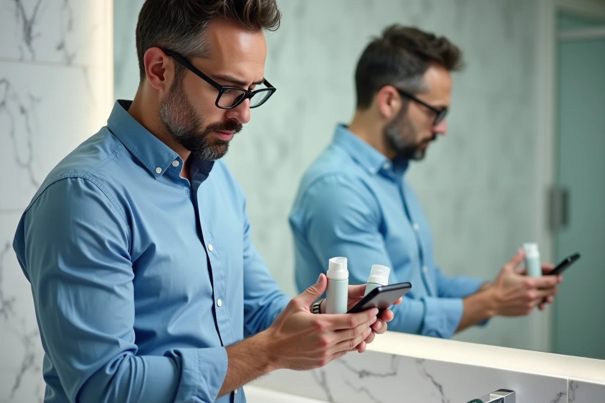 Homme en train de comparer des produits de soin visage