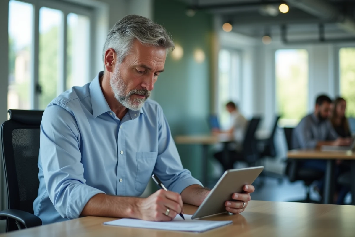Homme écrivant un numéro sur un carnet dans un espace coworking