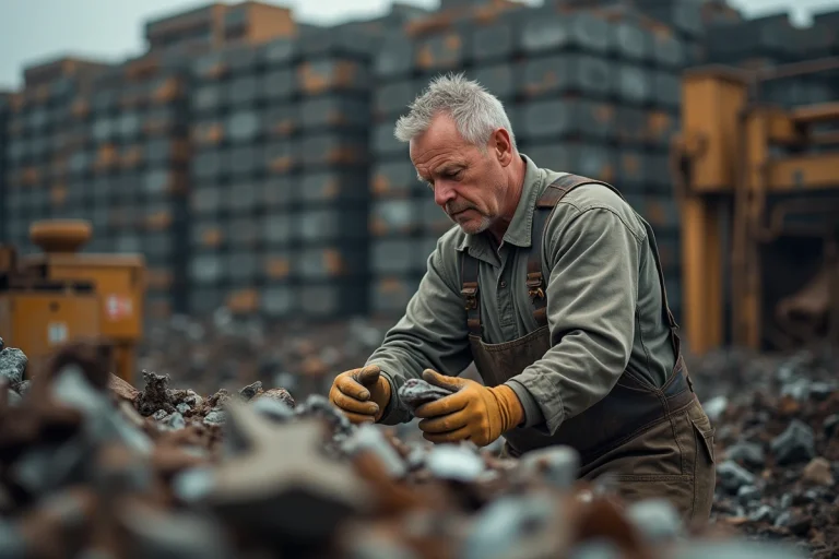 Homme en overalls triant des métaux dans une décharge recyclage