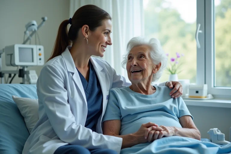 Infirmière et patiente âgée en discussion chaleureuse