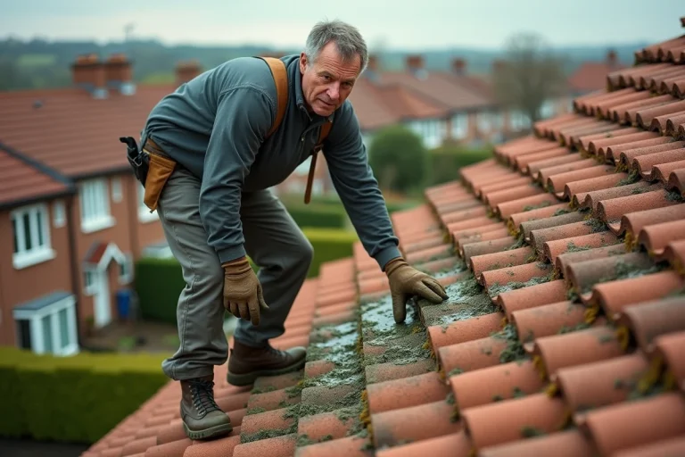 Homme inspectant un toit avec des algues vertes