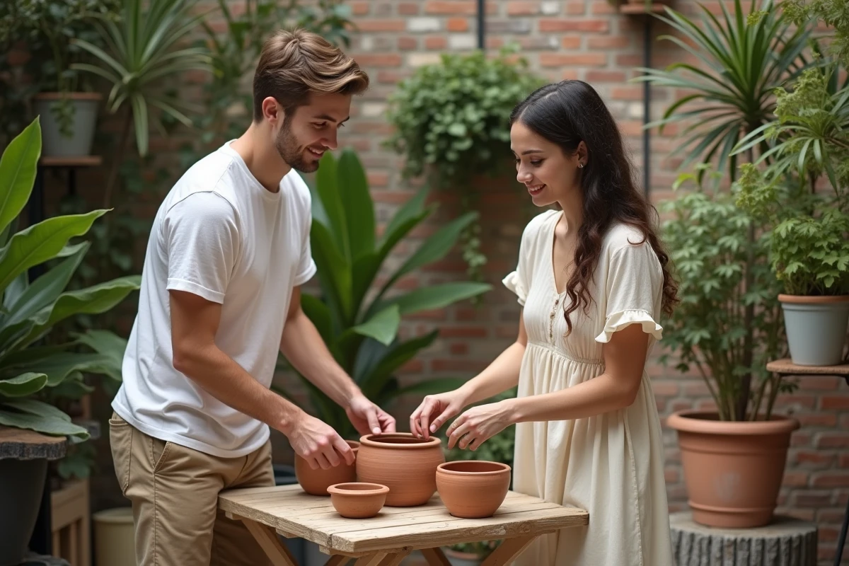 Jeune couple arrangeant des pots en céramique sur une terrasse