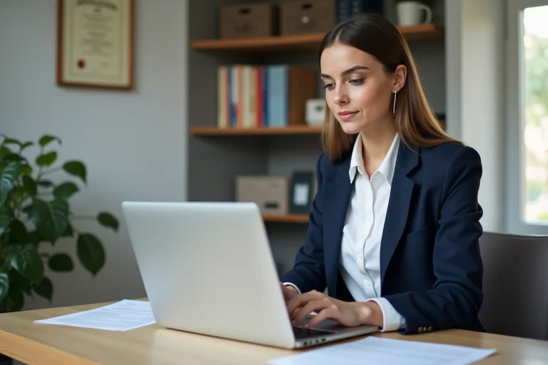 Jeune femme au bureau avec documents et diplome