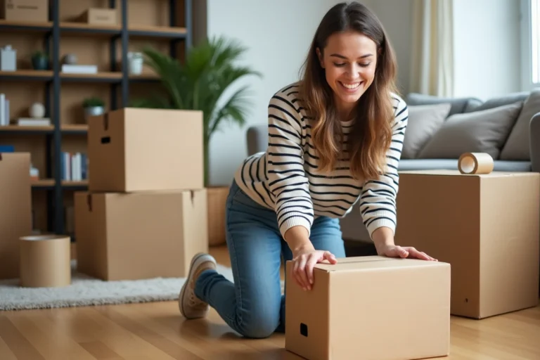 Jeune femme emballant des cartons de déménagement dans un salon