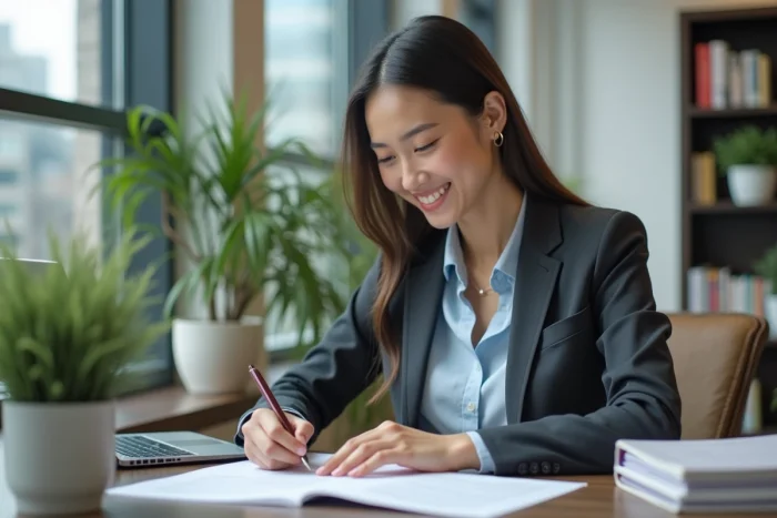 Jeune femme entrepreneure souriante dans un bureau moderne